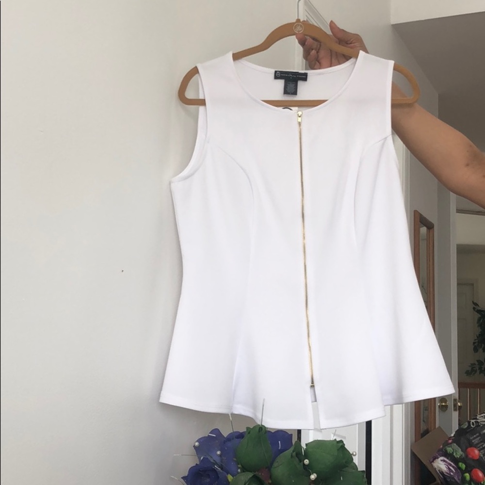 White peplum top with gold zipper